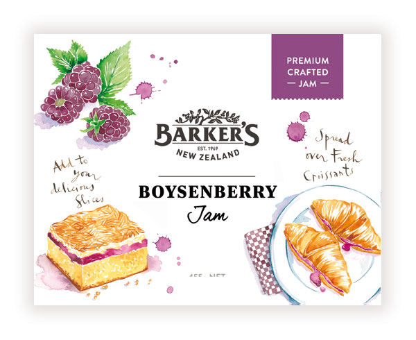Barkers of New Zealand's boysenberry jam label with watercolor fruit and croissant illustrations
