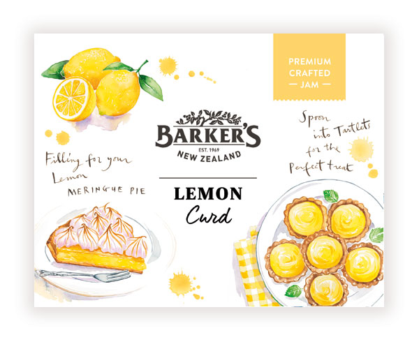 Barkers of New Zealand's lemon curd label with watercolor fruit and meringue pie illustrations
