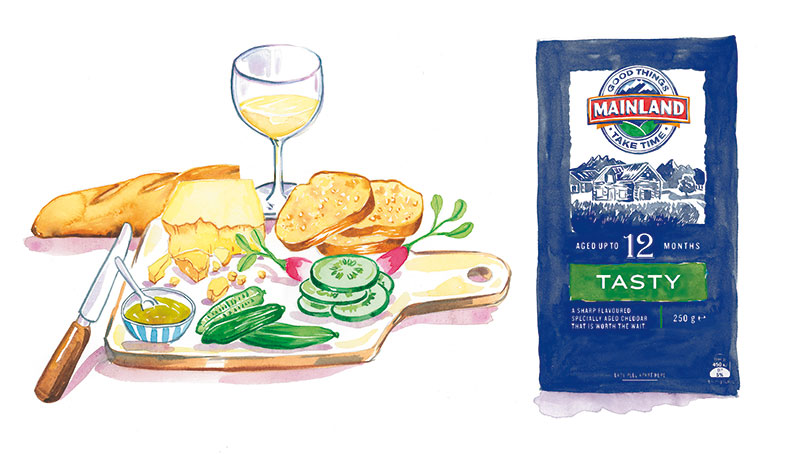 illustration à l'aquarelle d'un plateau de fromage avec pain, vin et légumes