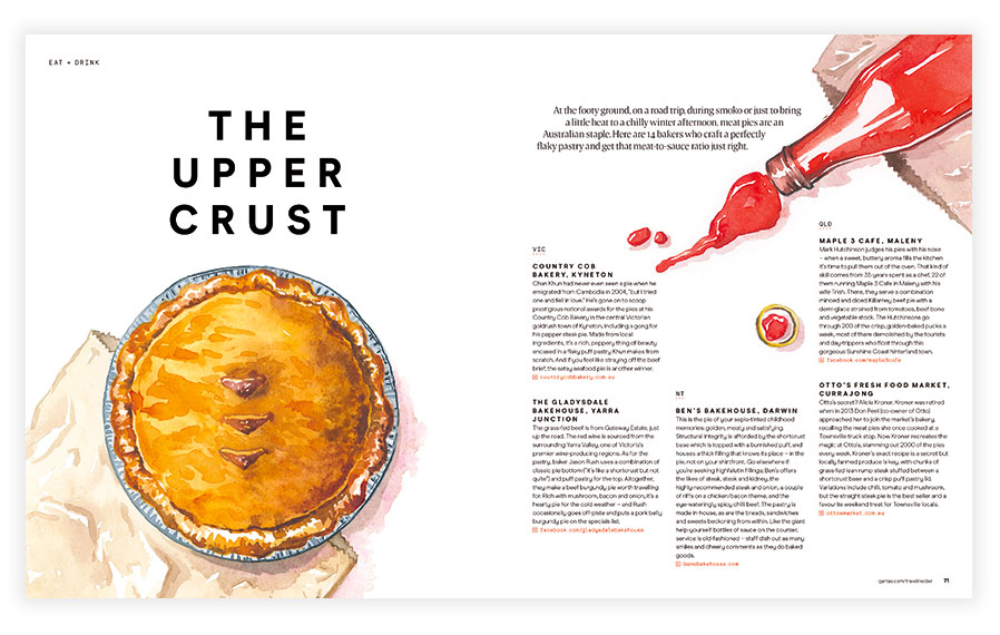 Qantas inflight magazine page with pie and ketchup watercolor illustrations 