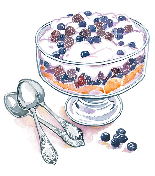 Trifle with blueberries and blackberries watercolor illustration published in Elle à Table