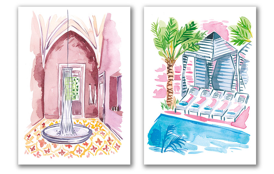 Italian shower and hotel's swimming pool watercolor illustration