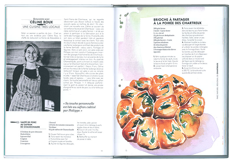 livre de recette avec illustration à l'aquarelle de la recette de la brioche à partager à la poirée des Chartreux du chef Céline Roux