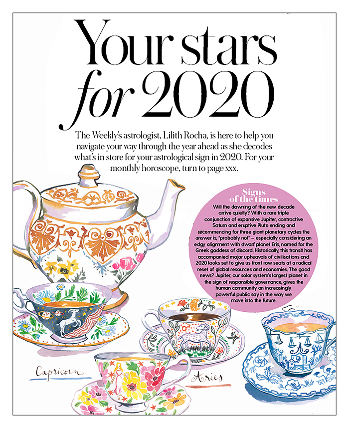 Australian Women's weekly magazine horoscope page with watercolor teapot and teacups
