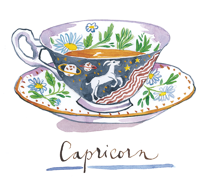 Capricorn zodiac sign watercolor tea cup illustration