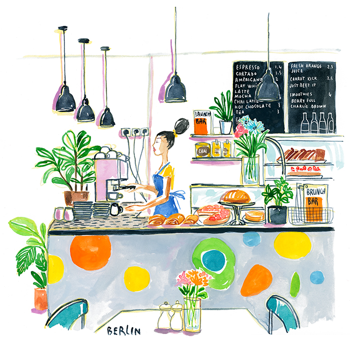 watercolor Berlin coffee shop illustration