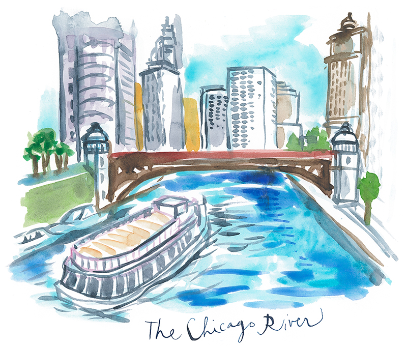 watercolor Chicago river illustration