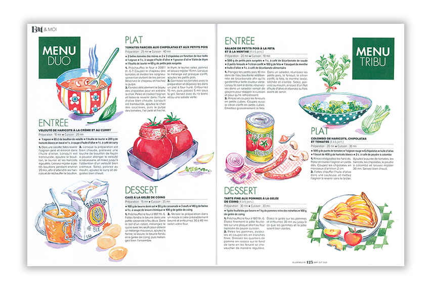Double page de 6 illustrations à l'aquarelle pour les recettes du placards dans Elle à table