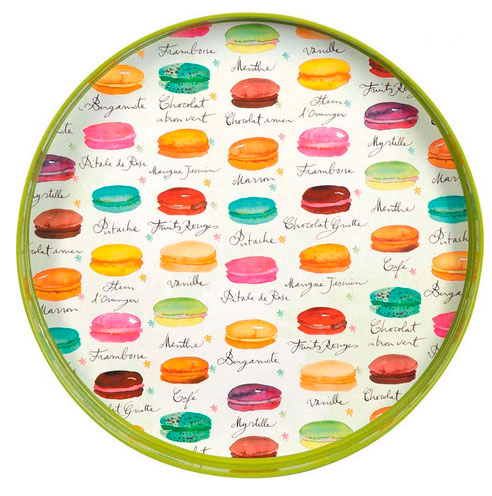 French macaron painted in watercolor on a colorful tray