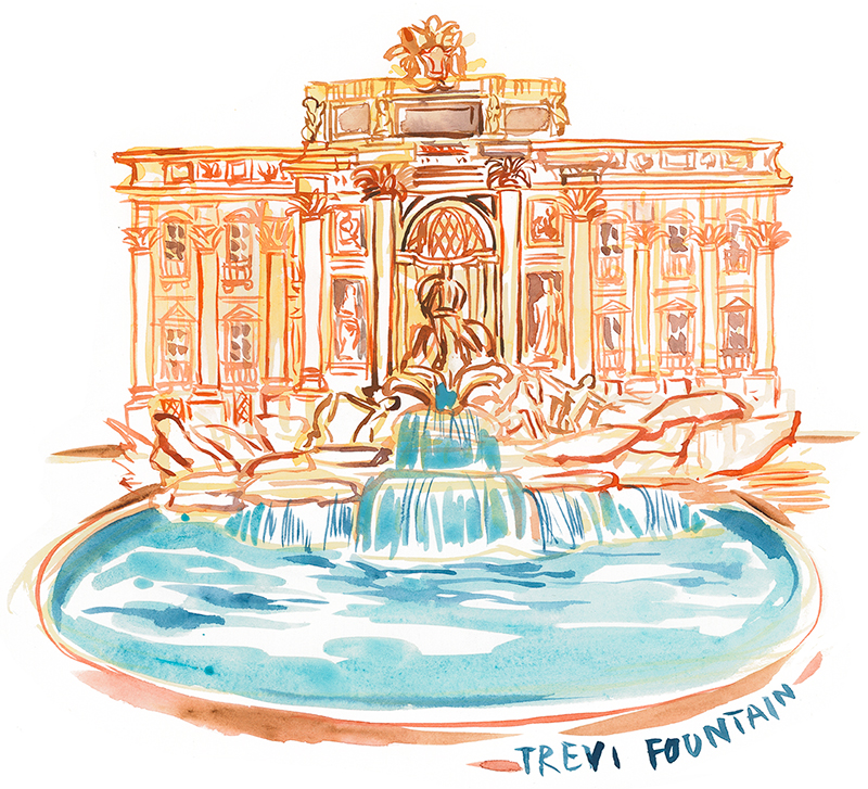 Trevi fountain in Rome watercolor illustration