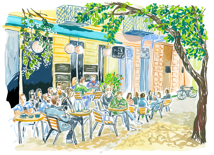 Crowded restaurant terrace in Berlin watercolor illustration