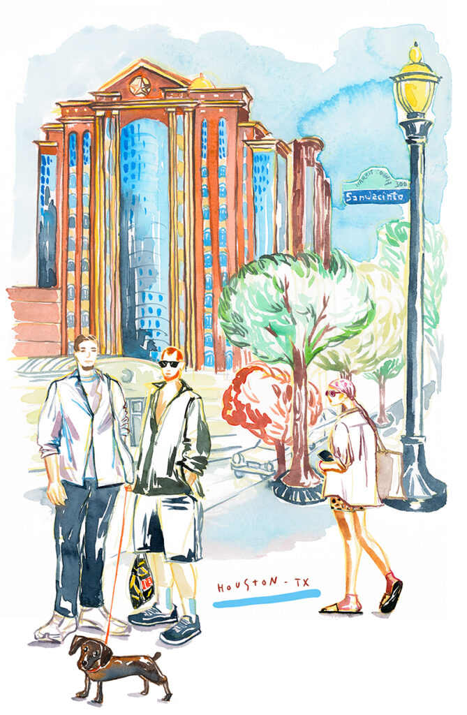 people walking down the street with a pet in Houston Texas watercolor illustration