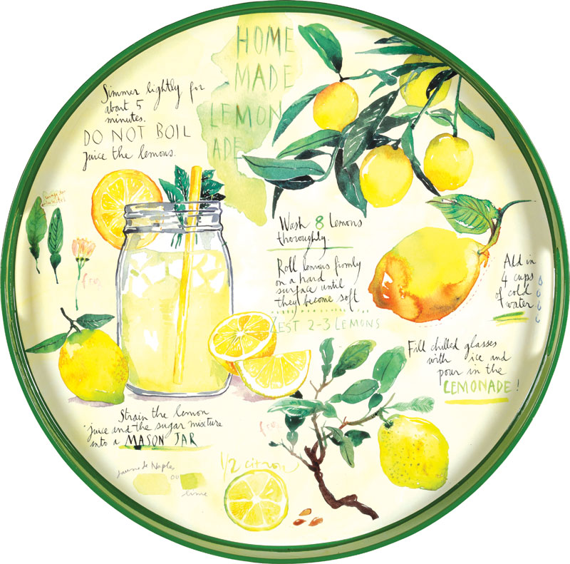 illustrated tray with watercolor lemonade in Mason jar, lemons and leaves illustration