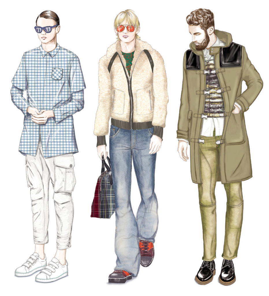 fashion illustration of three French hipsters
