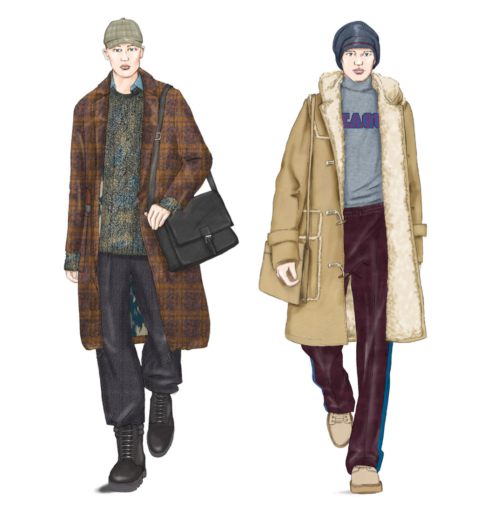 fashion illustration of two men with coats in winter
