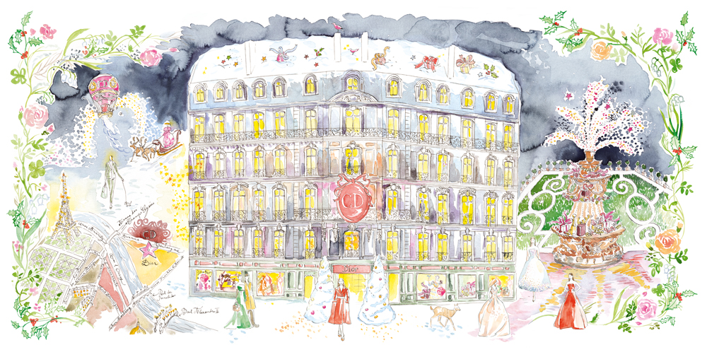 Dior calendar watercolor illustration featuring Dior building in Paris in a snowy elegant Christmas decor