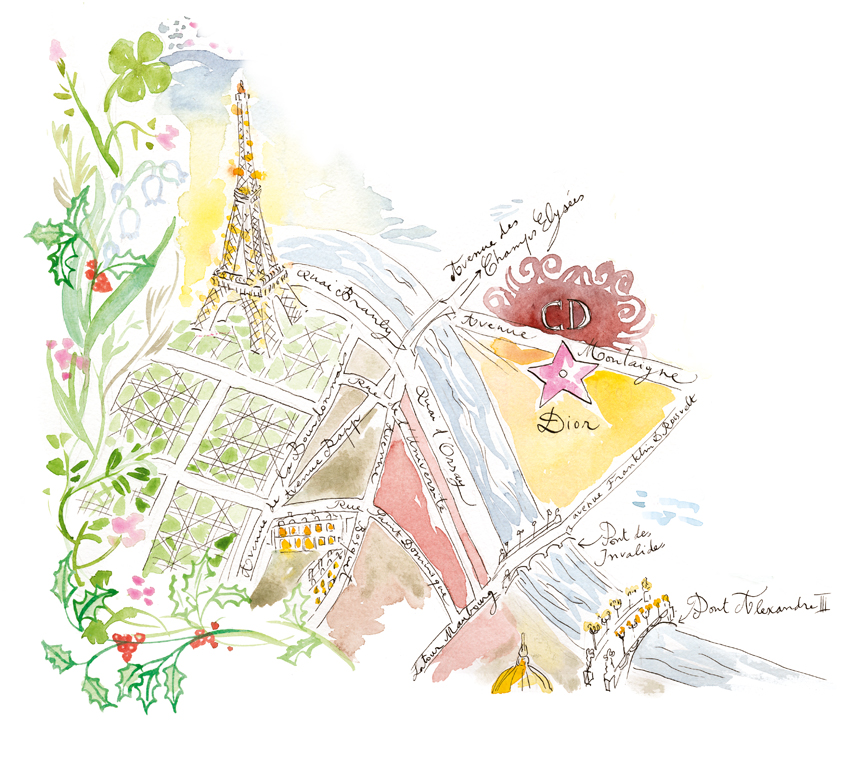 watercolor map of Paris showing the Eiffel Tower and the Dior building avenue Montaigne neighborhood