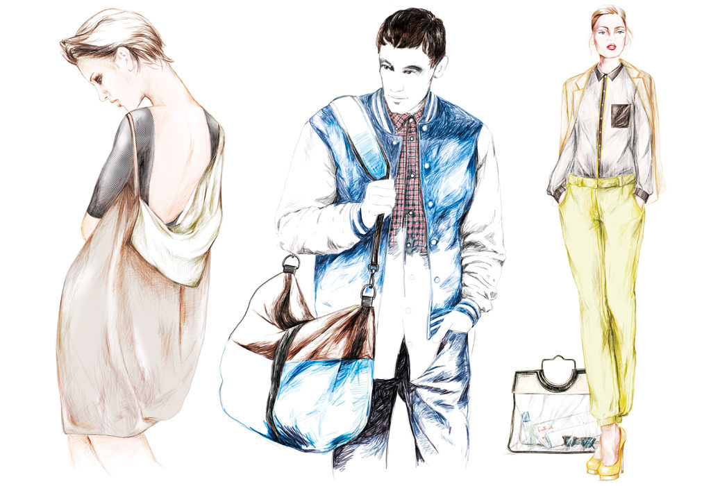fashion illustration of two classy women and a hipster with a bag