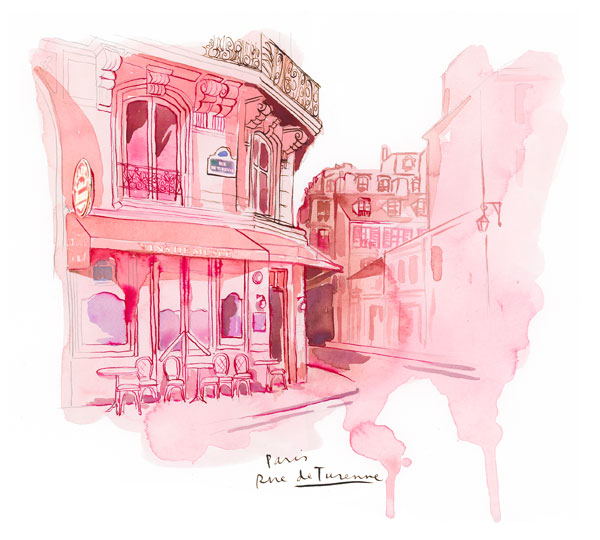 Paris rue de Turenne pink watercolor illustration