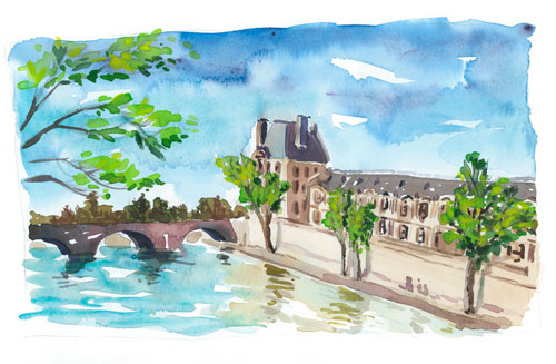 watercolor painting of Paris by the Seine near the Tuileries
