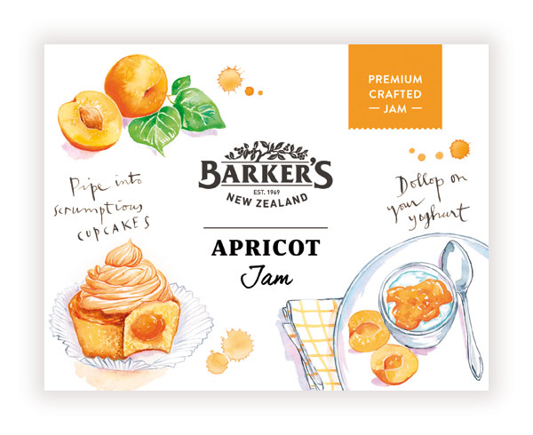 Barkers of New Zealand's apricot jam label with watercolor fruit and leaves and cupcake illustrations