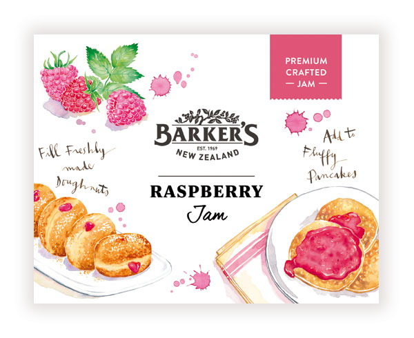 Barkers of New Zealand's raspberry jam label with watercolor fruit and pancake and doughnut illustrations