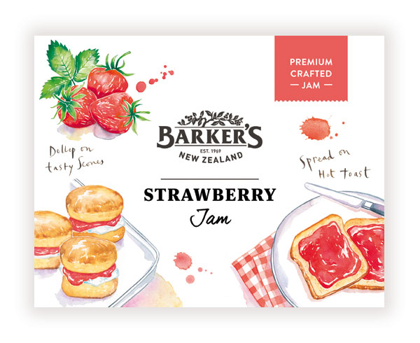 Barkers of New Zealand's strawberry jam label with watercolor fruit along toasts and crumpets illustrations