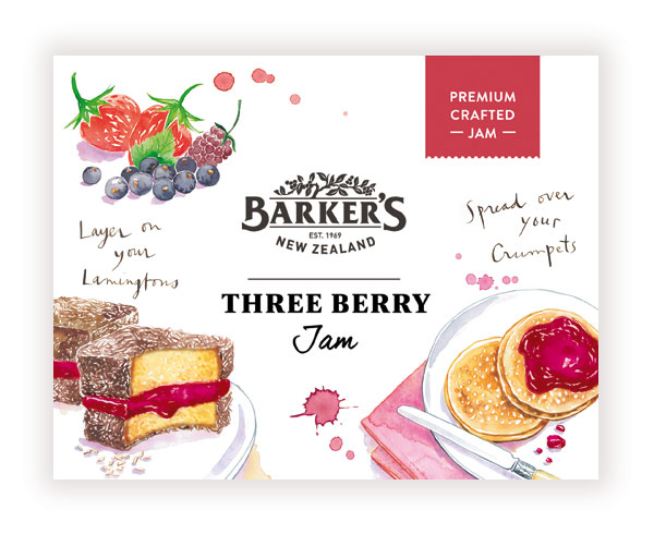 Barkers of New Zealand's Three berry jam label with watercolor fruit and bakery illustrations
