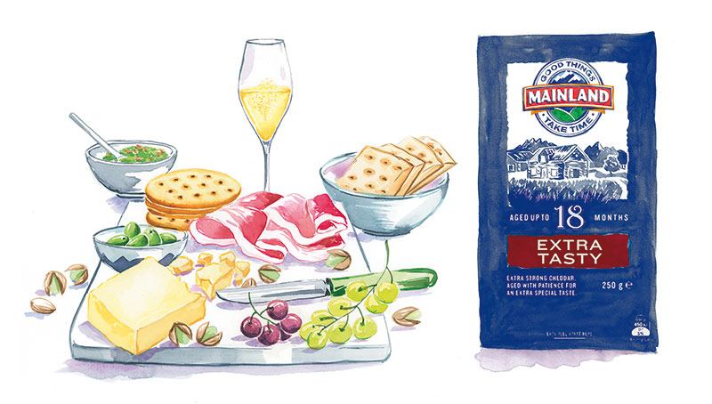 cheese plate with crackers, wine, ham and grapes watercolor illustration of Extra Tasty Mainland 