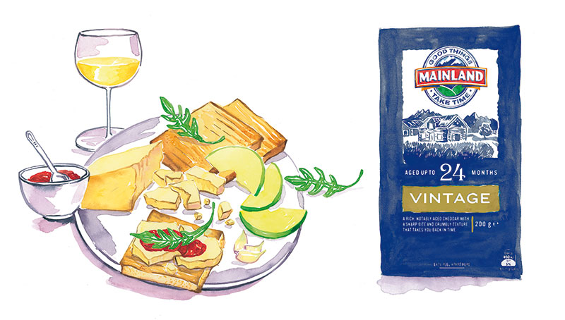 cheese plate with wine, avocado and bread watercolor illustration of Vintage Mainland 