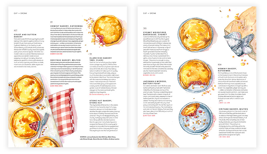 Qantas inflight magazine page with several watercolor illustrations of different steps of eating pies