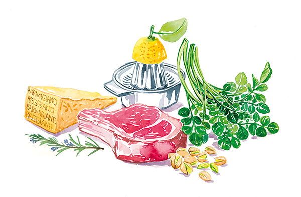 Illustration à l'aquarelle de parmesan, côte de boeuf, pistache et persil, parue dans le magazine Elle à Table