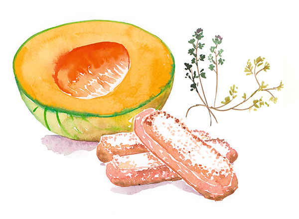 illustration à l'aquarelle de melon et biscuits roses de Reims parue dans Elle à Table