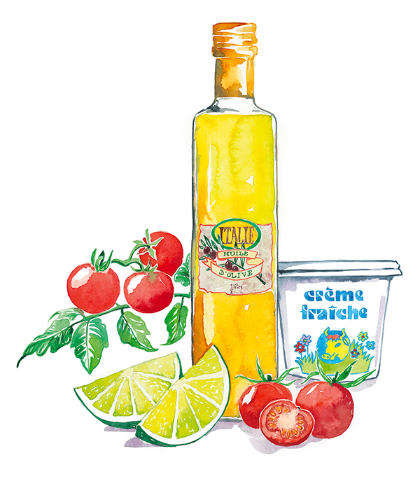 Illustration à l'aquarelle d'huile d'olive, tomates cerise, crème fraiche, citron vert, parue dans le magazine Elle à Table