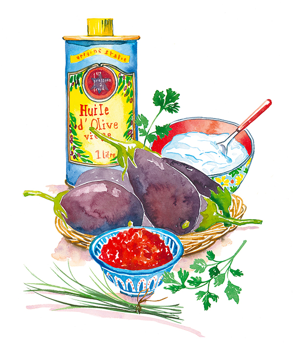 Illustration à l'aquarelle d'huile d'olive, aubergines, harissa, cottage cheese persil et ciboulette, parue dans le magazine Elle à Table