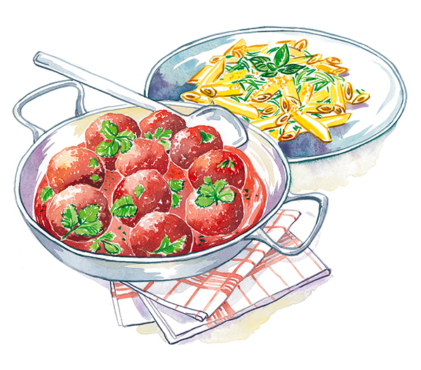 plate of pasta and meatballs watercolor illustration published in Elle à Table