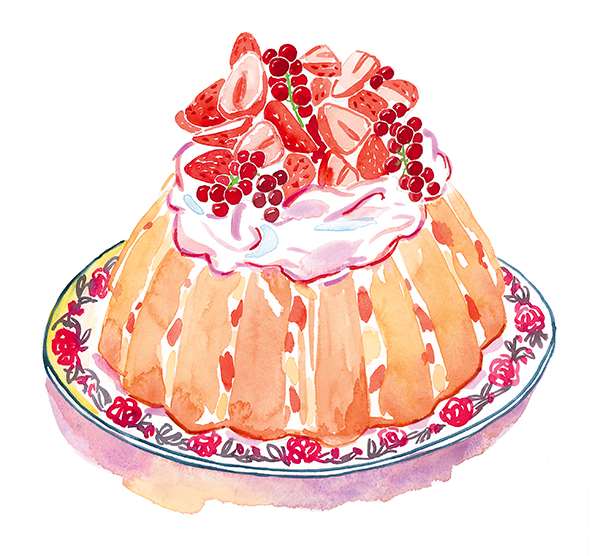 Illustration à l'aquarelle d'une charlotte aux fraises, parue dans le magazine Elle à Table