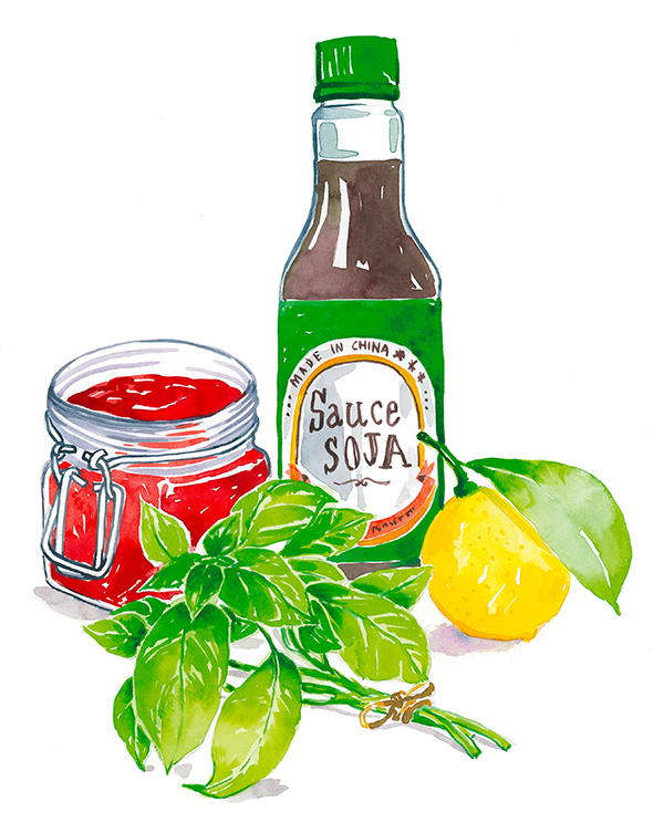 Soy sauce, can of tomato, basil and lemon watercolor illustration published in Elle à Table