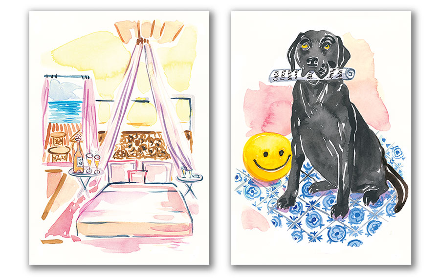 luxury hotel bedroom watercolor illustration and black dog 