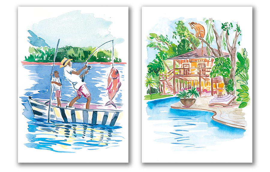 two postcards showing a fish man  and a luxury hotel in Mauritius