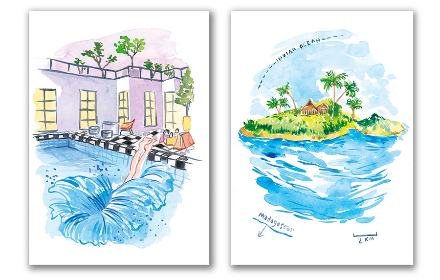 splash in a swimming pool and indian ocean island watercolor illustrations 
