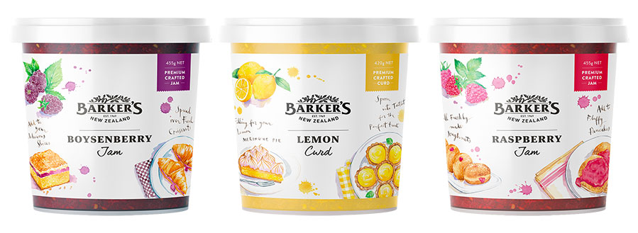 Three Barkers of New Zealand lemon raspberry and boysenberry jam jars with colorful watercolor illustration labels