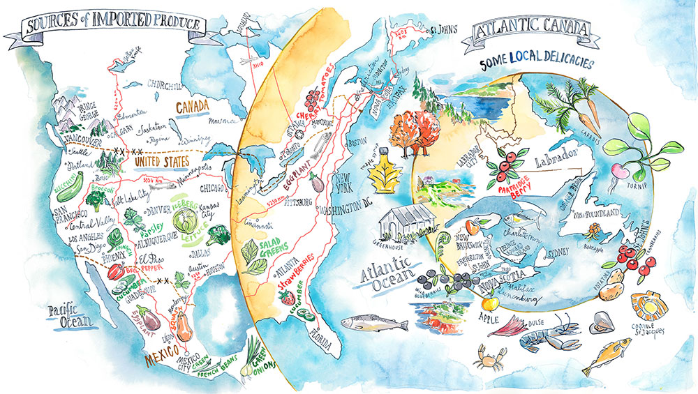watercolor illustration world map of Canadian produces and where they come from