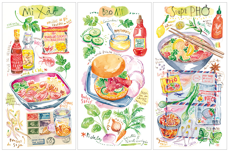 Three watercolor illustration posters of Woko restaurant featuring Vietnamese Mi Xao, Banh Mi and Pho recipes