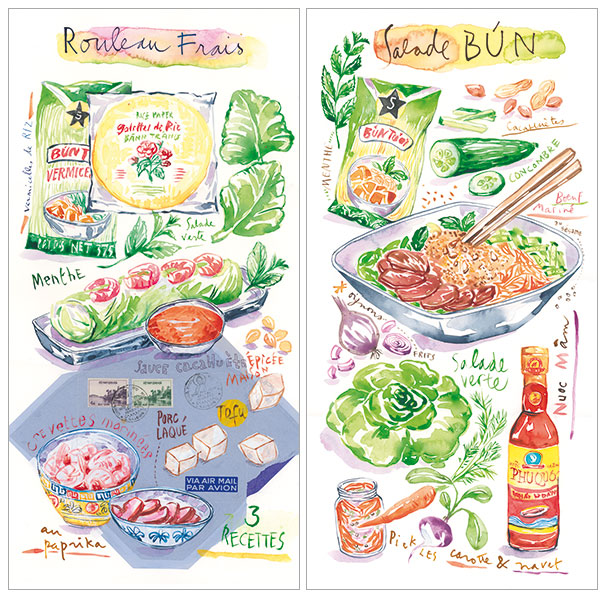 Two watercolor illustration posters of Woko restaurant featuring Vietnamese spring rolls and Bun Bo salad with ingredients recipes