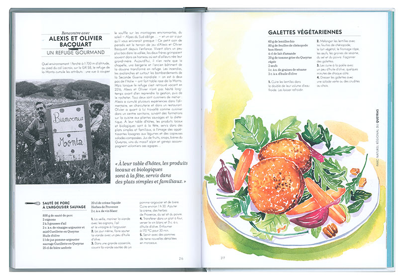 livre de recette avec illustration à l'aquarelle de la recette des galettes végétariennes des chefs Alexis et Olivier Bacquart