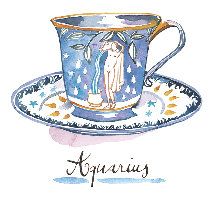 Aquarius watercolor tea cup illustration