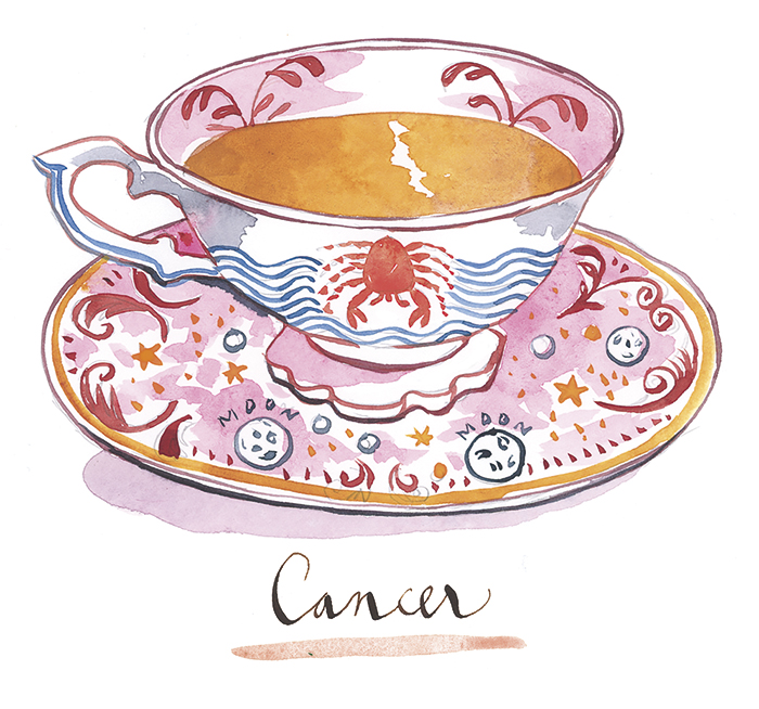 Cancer zodiac sign watercolor tea cup illustration