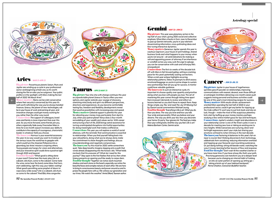 Australian Women's weekly magazine
page showing aries, taurus, gemini and cancer zodiac signs explained and illustrated by astrological watercolor tea cups
