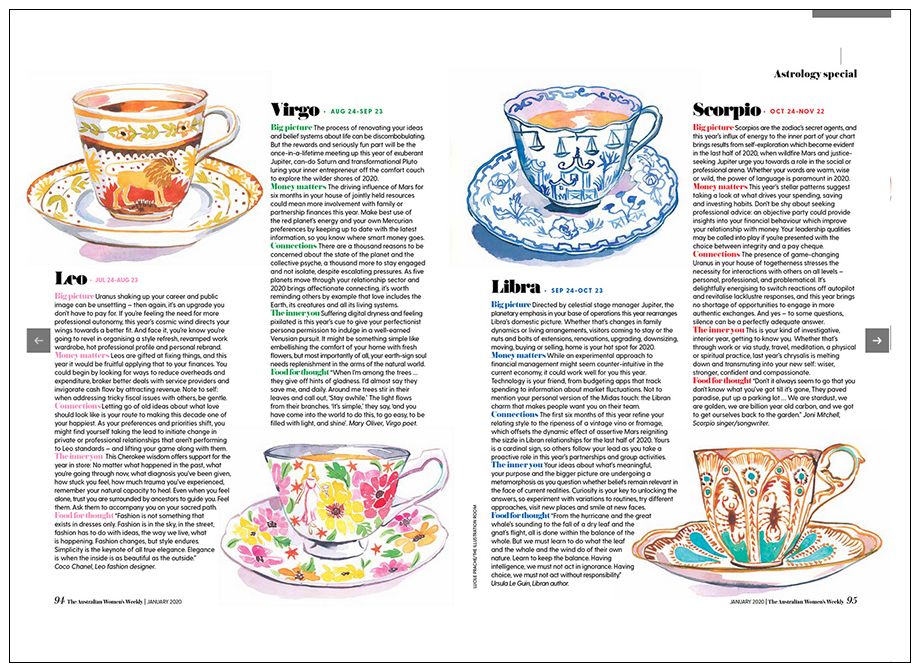 Australian Women's weekly magazine
page showing leo, virgo, libra and scorpio zodiac signs explained and illustrated by astrological watercolor tea cups